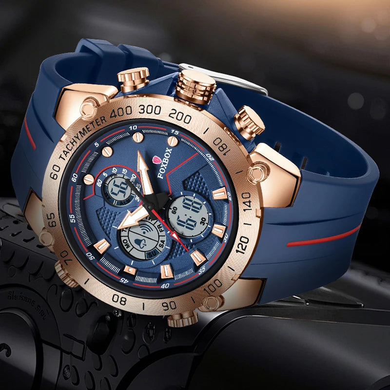 FOXBOX Luxury Men's Sport Watch featuring dual display quartz and digital chronograph in blue and gold design.