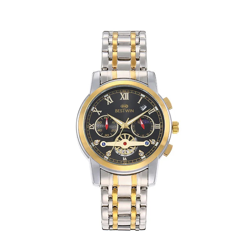 BESTWIN 926 luxury men's watch with moon phase and calendar in stainless steel with gold accents