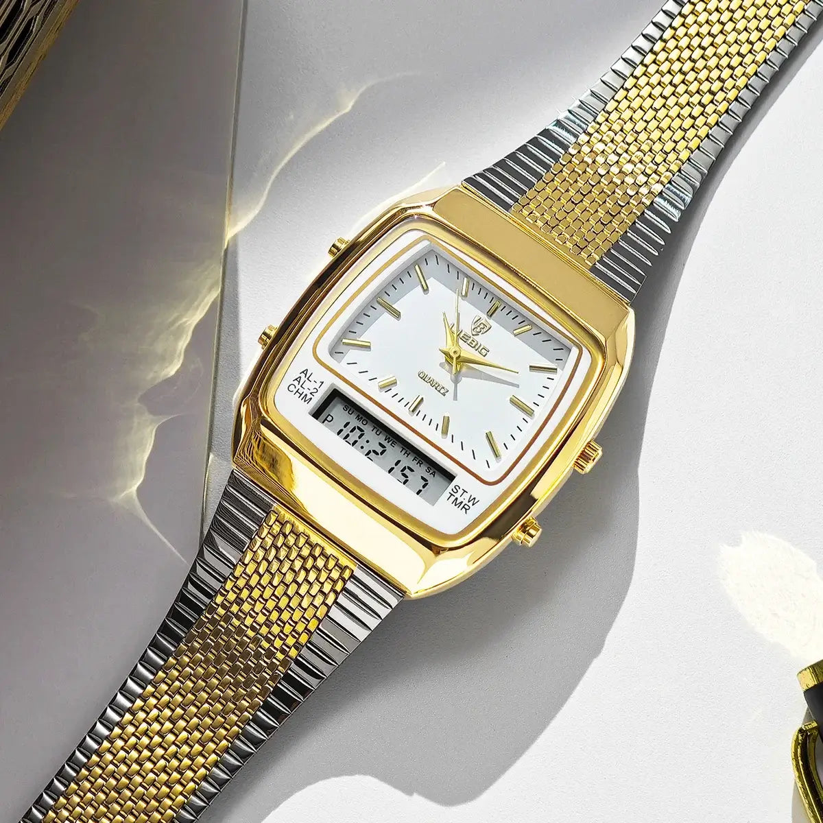 LIEBIG luxury dual display quartz watches featuring a gold and silver metal band and classic analog-digital face design.