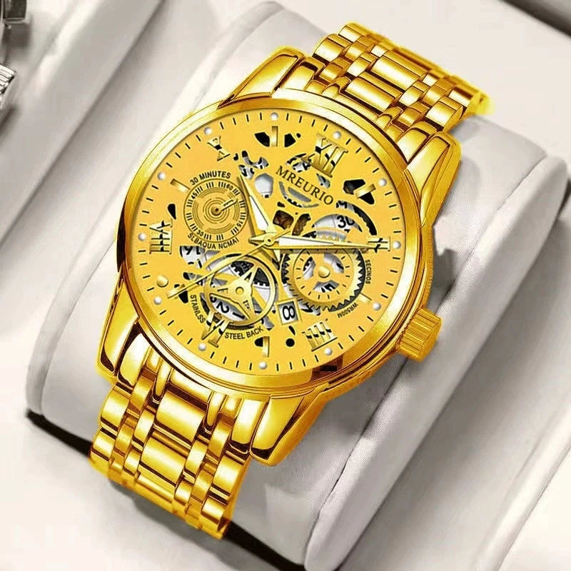 High end quartz watches for men featuring a trendy gold design and intricate skeleton dial.