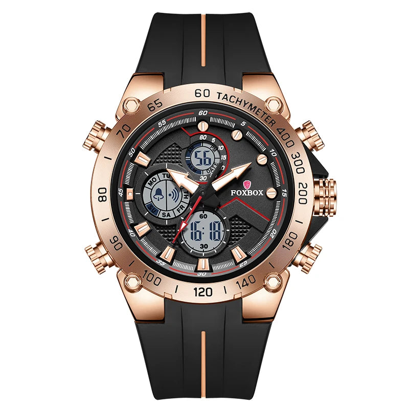FOXBOX luxury men's sport watch with dual display quartz and digital chronograph features on a sleek black strap.