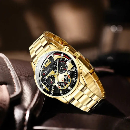 Luxury men's stainless steel quartz wristwatch with luminous features and calendar, displayed on a leather surface.