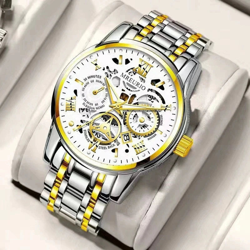 High end quartz watches for men with a stylish design and versatile features, showcasing a white dial and stainless steel band.