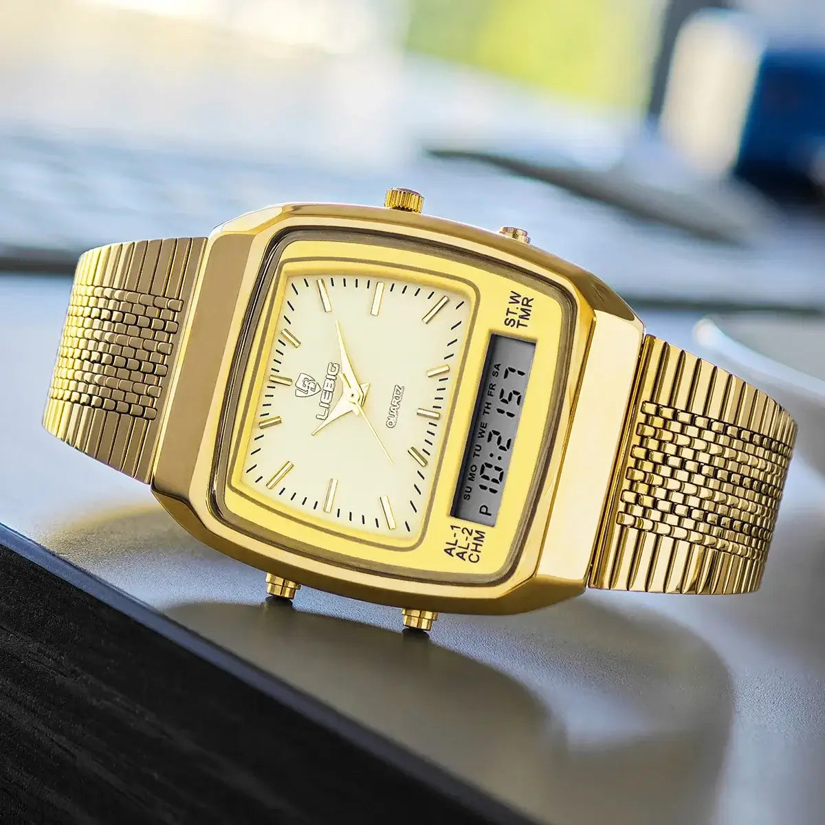 LIEBIG luxury dual display quartz watches with gold mesh strap, digital and analog features for men and women.