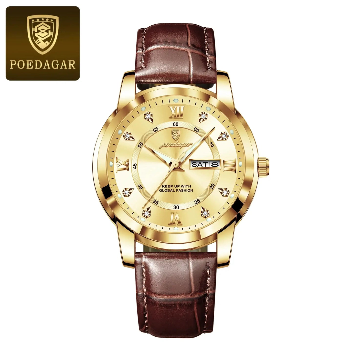 POEDAGAR luxury waterproof men's watch with gold dial and brown leather strap, perfect for sports and business.