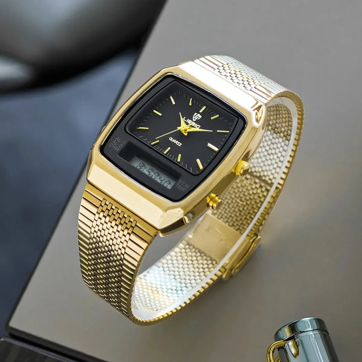 LIEBIG luxury dual display quartz watches for men and women, featuring a stylish gold mesh design, perfect for outdoor sports.