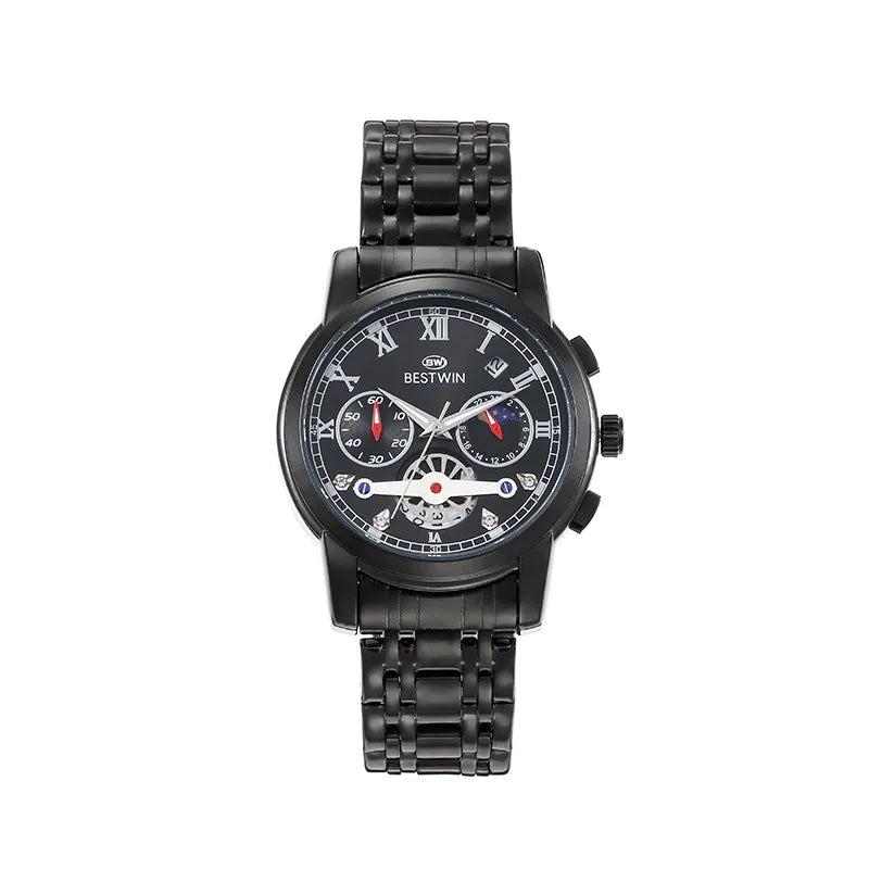 BESTWIN 926 luxury men's watch with moon phase and calendar, premium stainless steel design
