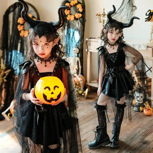 Halloween Witch Vampire Dark Elf Dress for Girls Cosplay Costume Set Princess Party Outfit with Accessories Stage Performance