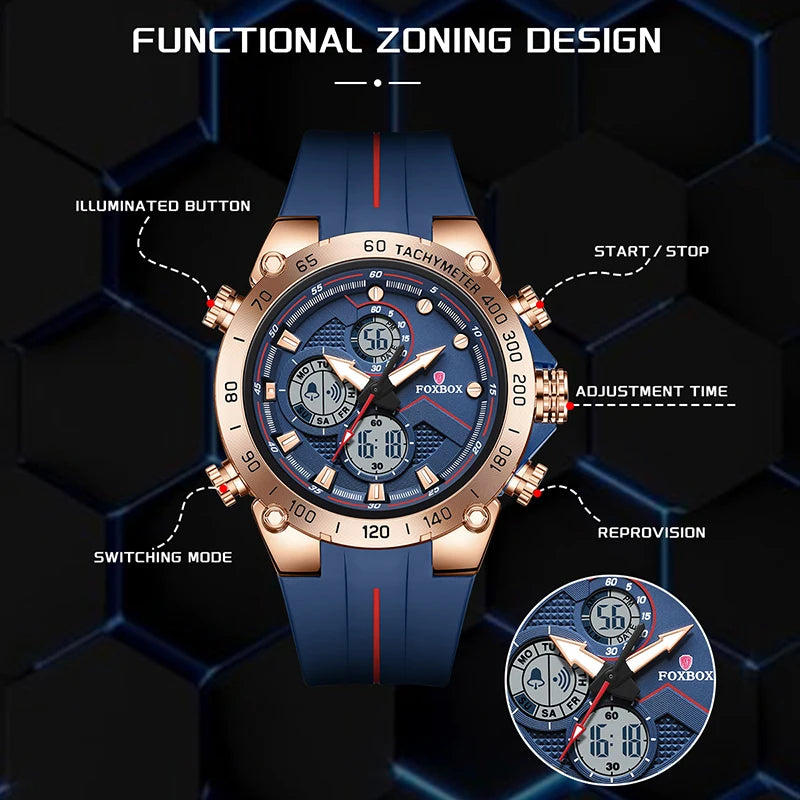 FOXBOX luxury men's sport watch with functional zoning design, illuminated button, and dual display features.