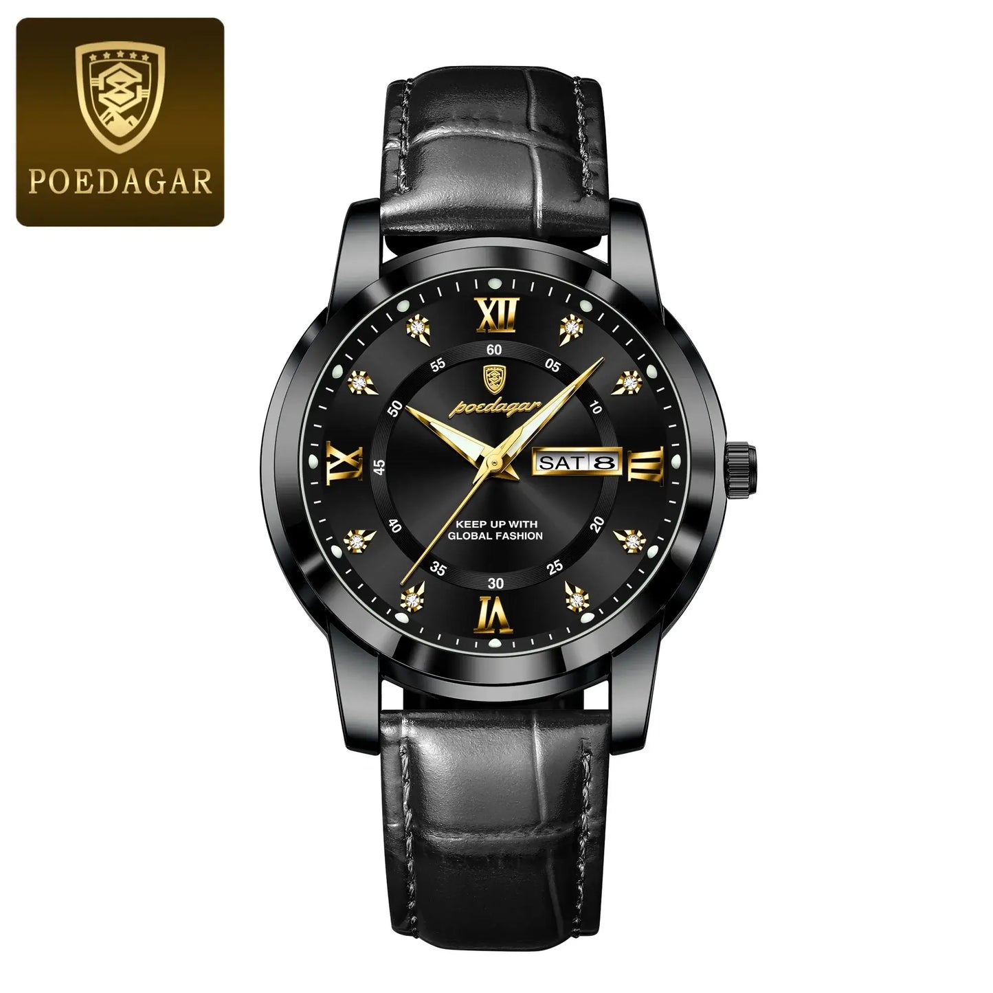 POEDAGAR luxury waterproof men's watch with luminous features and leather strap designed for business and sports.