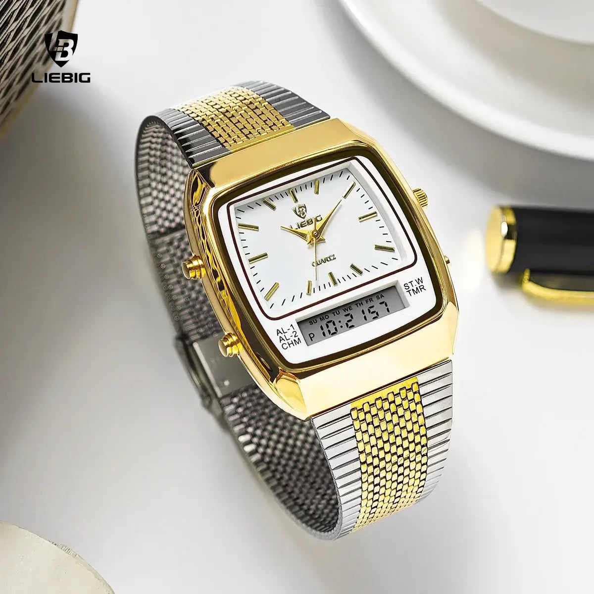 LIEBIG luxury dual display quartz watches featuring a stylish gold and silver design, perfect for outdoor sports and fashion.