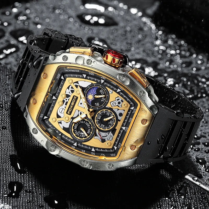 FOXBOX luxury men's chronograph watch with golden bezel and silicone strap, water-resistant design.