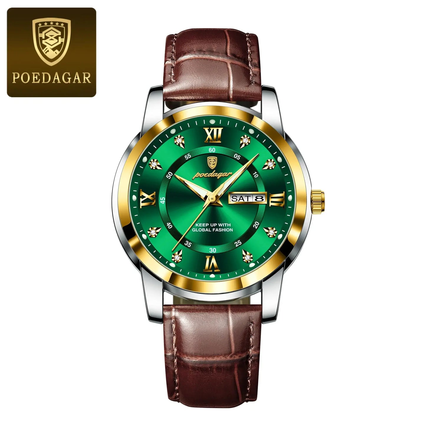 POEDAGAR luxury waterproof men's watch with green dial and brown leather strap, ideal for business and sports.
