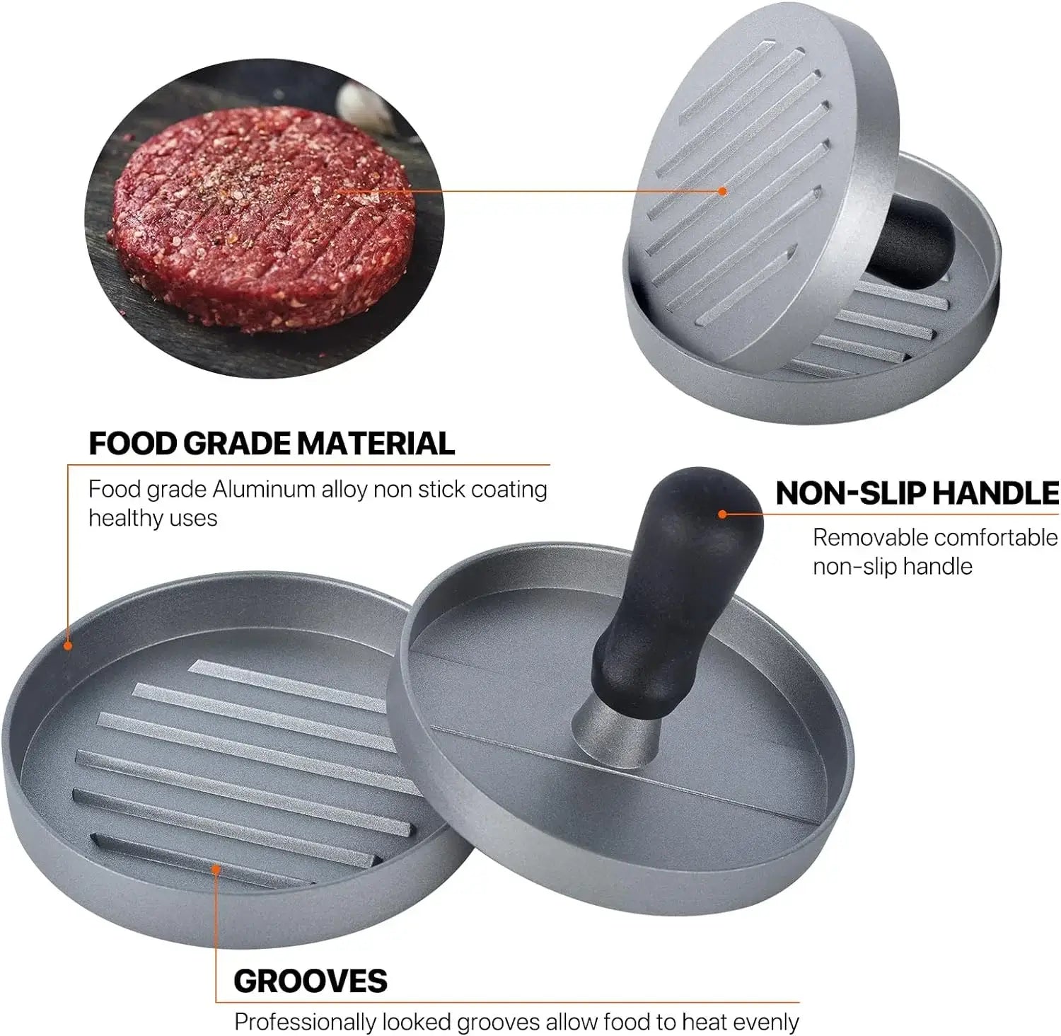 Non-stick aluminum burger press with grooves and removable non-slip handle for perfect hamburger patties.