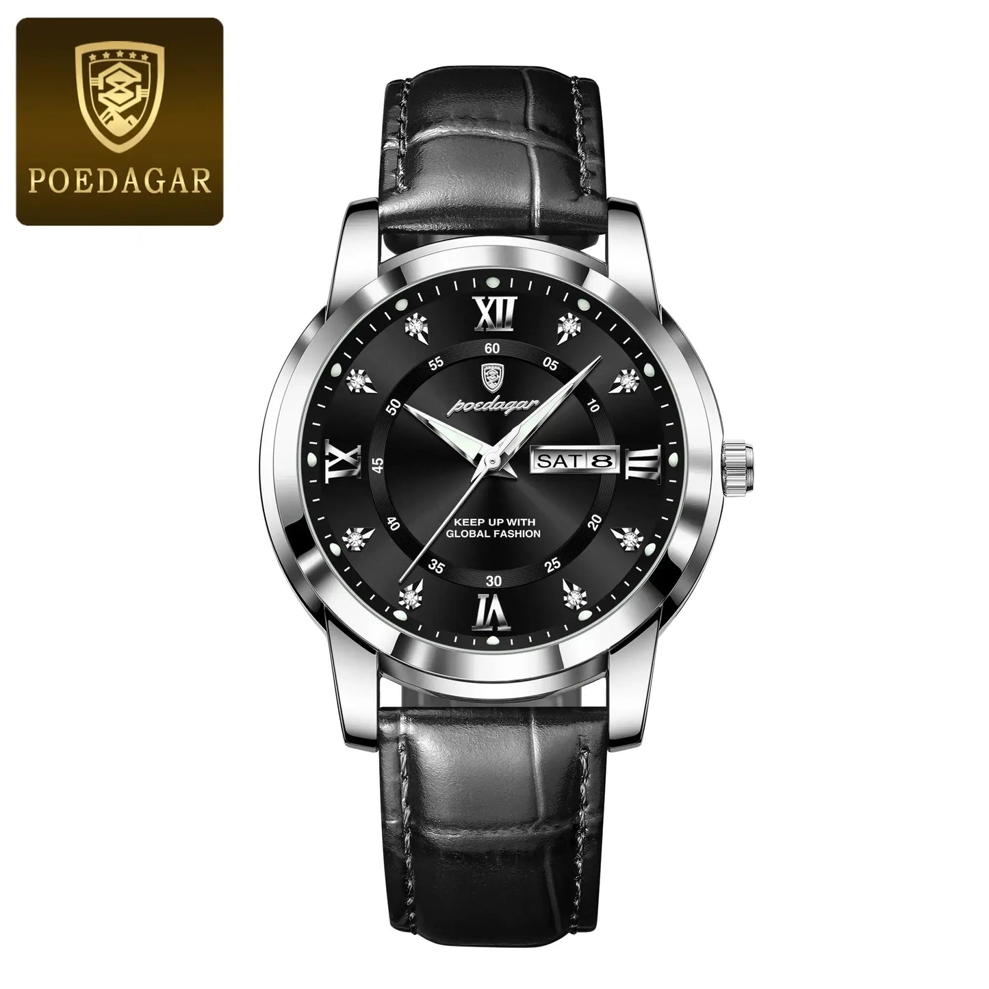 POEDAGAR luxury waterproof men's watch with black leather strap and luminous features, perfect for sports and formal occasions.