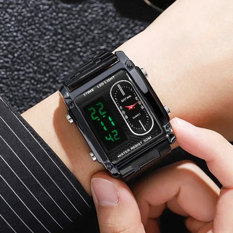 Luxury stainless steel men's wrist watch on a hand with dual display and LED light features.