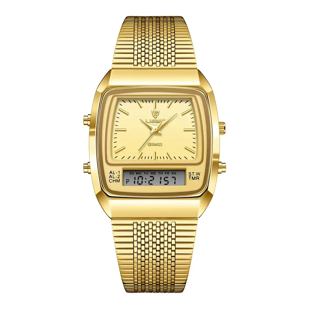 LIEBIG luxury dual display quartz watches featuring a gold mesh strap and digital interface, perfect for style and functionality.