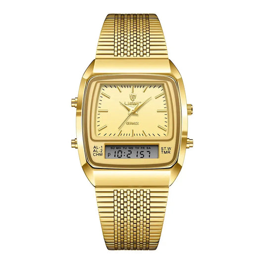 LIEBIG luxury dual display quartz watches featuring a gold mesh strap and digital interface, perfect for style and functionality.