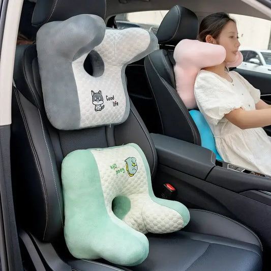 Funny multi-use cartoon back sleeper pillows for car seats, featuring anti-slip bottoms and washable fabric.