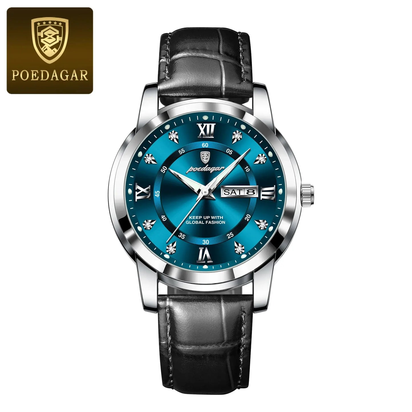 Luxury waterproof men's watch featuring a blue dial, silver accents, and a black leather strap, perfect for business and sports.