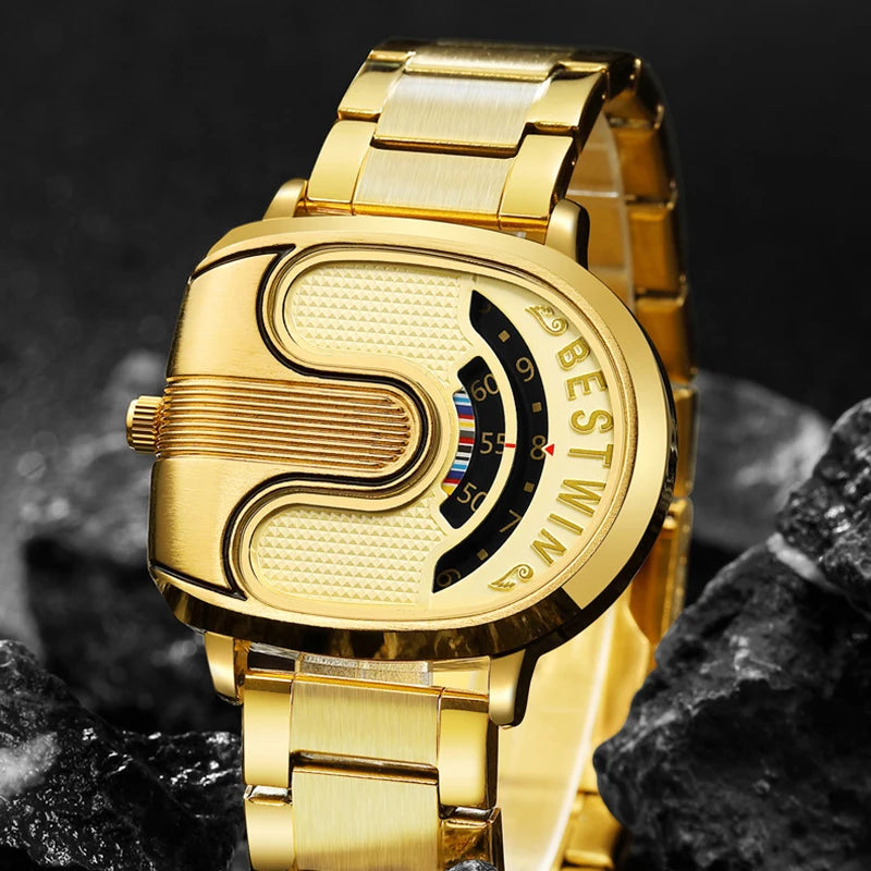 Luxury men's watches with stainless steel band featuring a unique gold design and stylish dial.