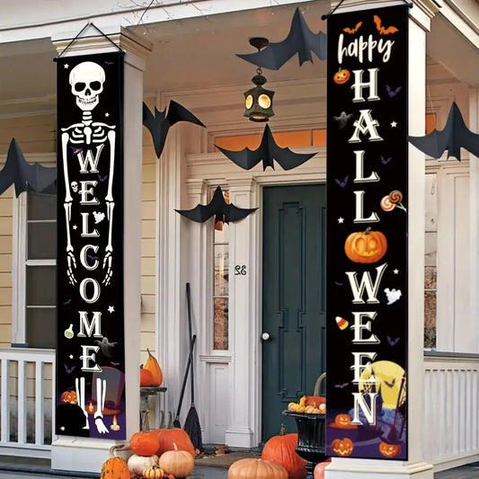 2pcs Halloween Decorations Porch Banners Welcome Sign for Home Front Door Yard...