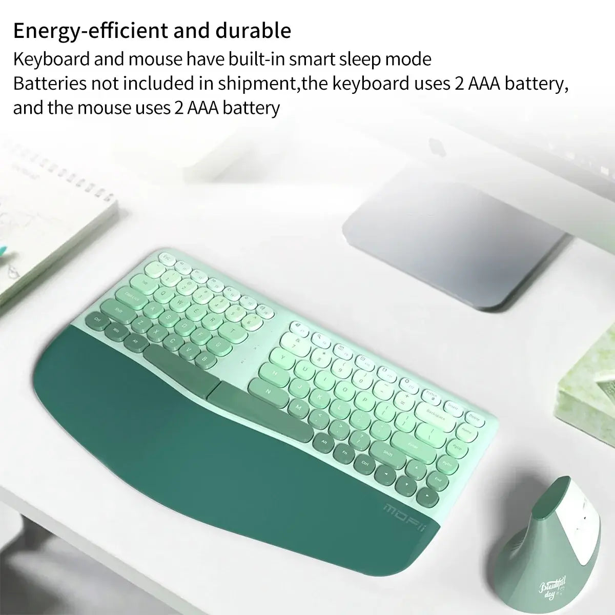 MOFii ergonomic wireless keyboard and mouse set on a desk, showcasing energy-efficient features and stylish design.
