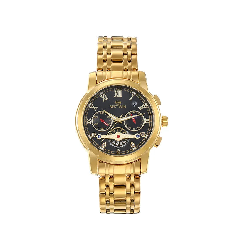 BESTWIN 926 luxury men's watch with moon phase and calendar in gold stainless steel design.