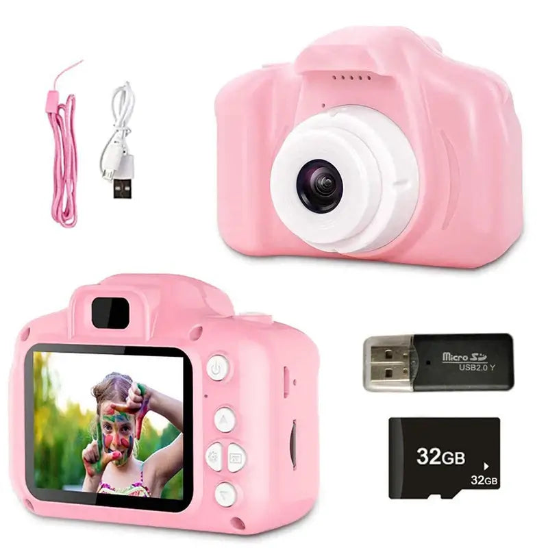 Pink kids mini digital camera with selfie feature, LCD screen, USB cable, SD card, ideal educational toy and Christmas gift for children.