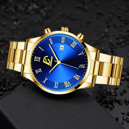 Luxury gold stainless steel quartz watch with blue dial and Roman numerals, featuring a calendar display.