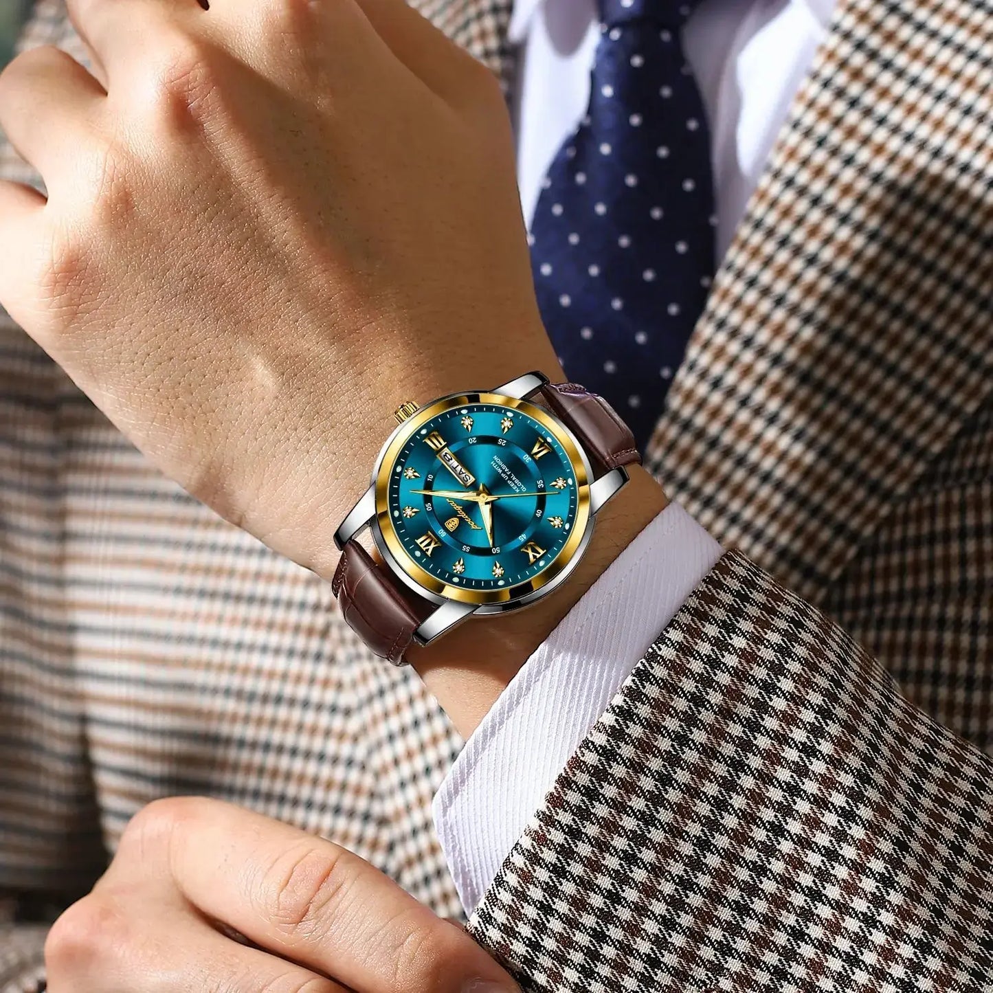POEDAGAR luxury waterproof men's watch on wrist with brown leather strap and blue dial, perfect for business and sports.