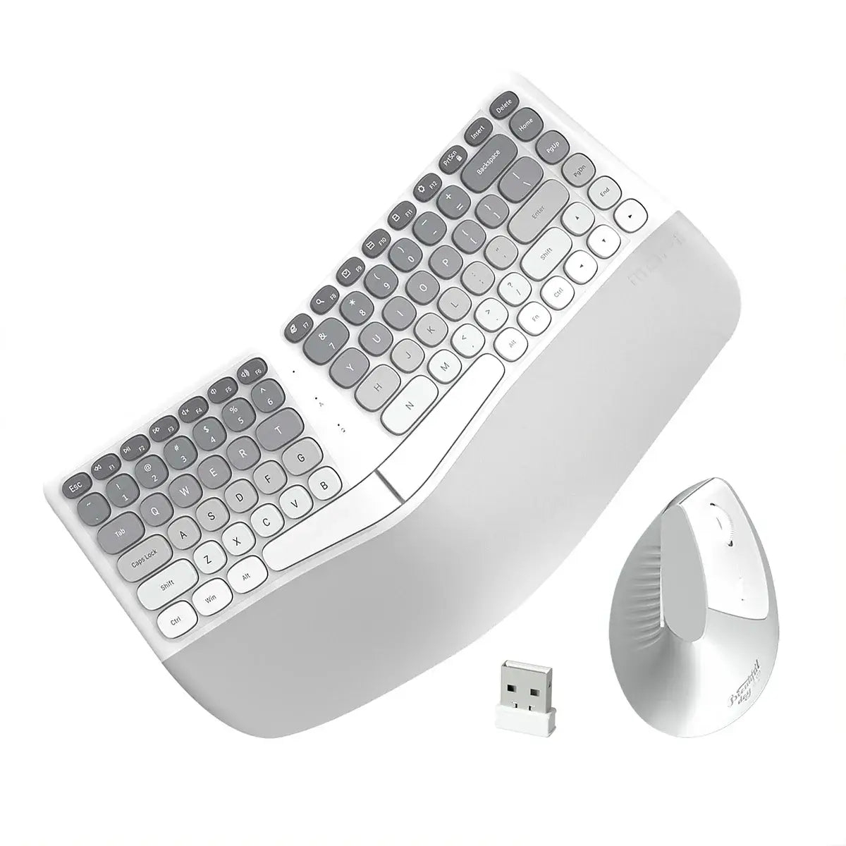 MOFii ergonomic wireless keyboard and mouse set featuring a split design and wireless USB connection.