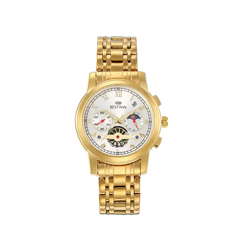 BESTWIN 926 luxury men's watch with moon phase and calendar, golden stainless steel design, modern elegance.