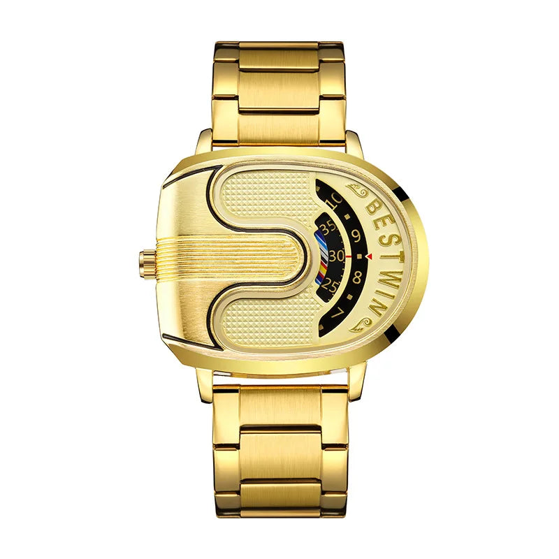 Luxury men's watches with stainless steel band featuring a unique golden case design.