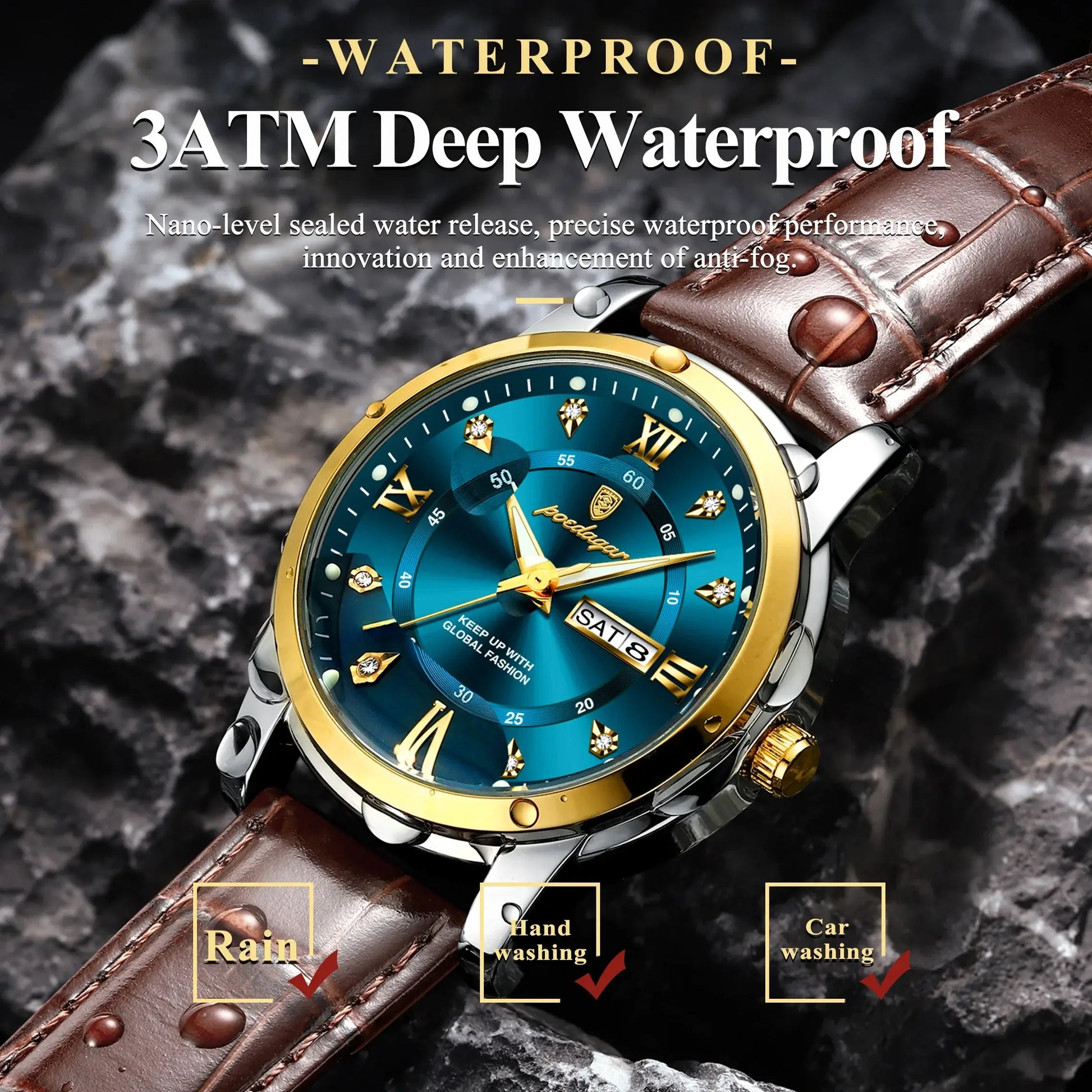 POEDAGAR luxury waterproof men's watch with luminous features and high-quality leather strap, ideal for sports and business.