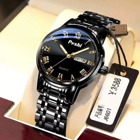 POSHI luxury waterproof men watch with black stainless steel band and luminous features displayed on a cushion.