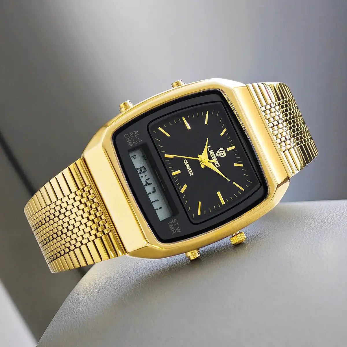 LIEBIG luxury dual display quartz watches showcasing a gold and black design, perfect for fashion and outdoor sports.