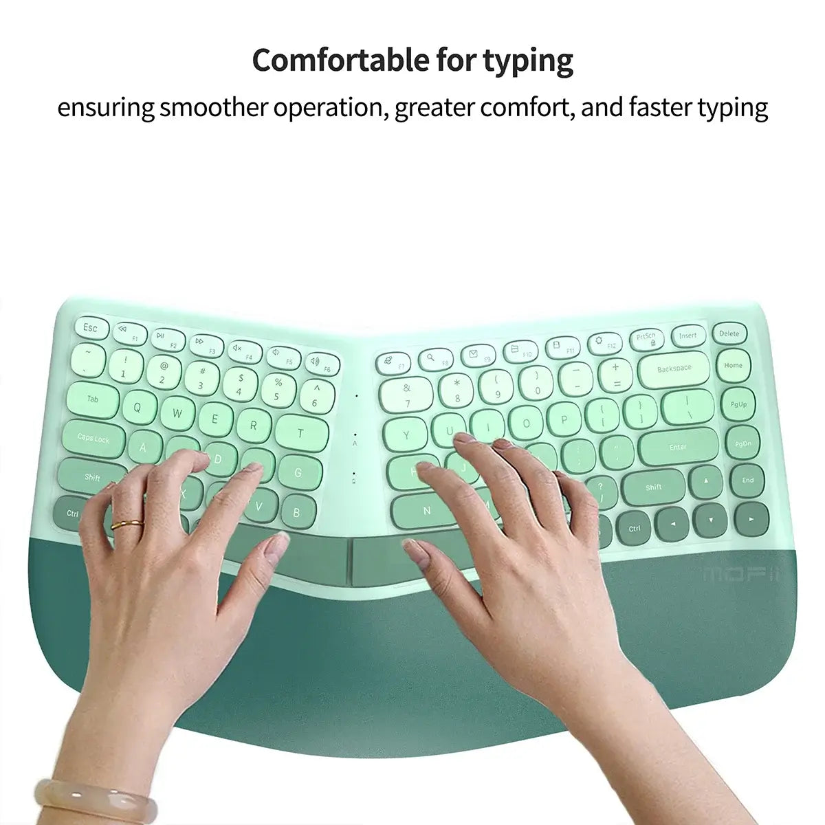 MOFii ergonomic wireless keyboard and mouse set demonstrating comfortable typing experience with smooth operation.