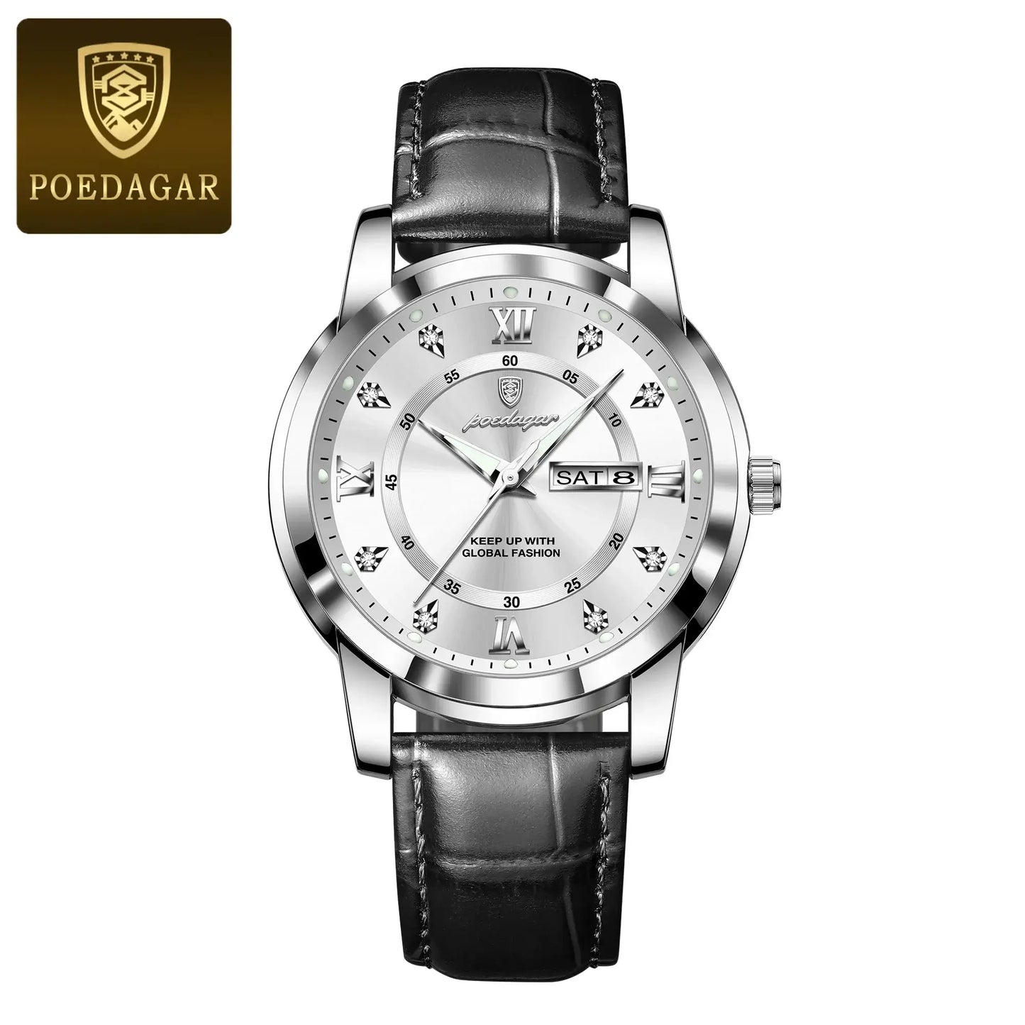 POEDAGAR luxury waterproof men's watch with leather strap and luminous features, perfect for business and sports.