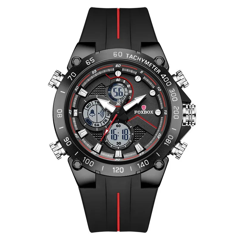 FOXBOX Luxury Men's Sport Watch with Dual Display Quartz & Digital Chronograph in black and red design.