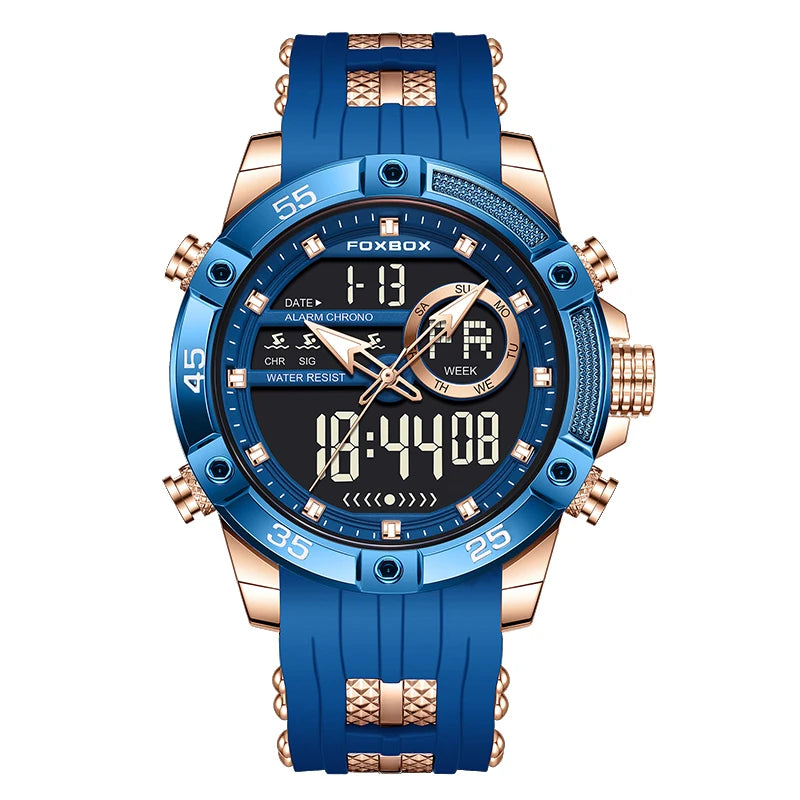 FOXBOX luxury men's sport watch in blue and rose gold, featuring dual display quartz and digital chronograph.