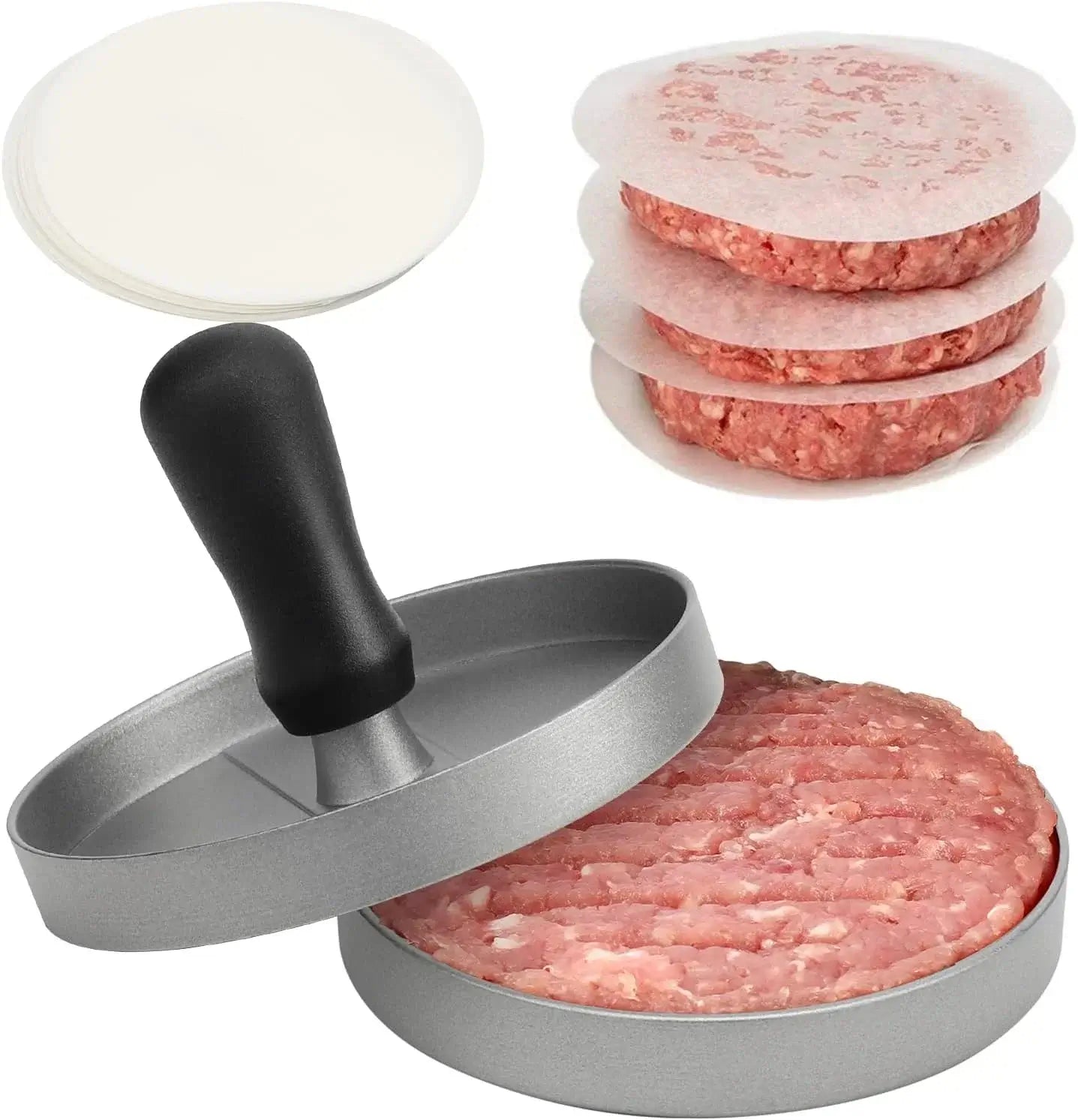 Non-stick burger press with removable handle, aluminum maker, and wax paper for perfect hamburger patties.