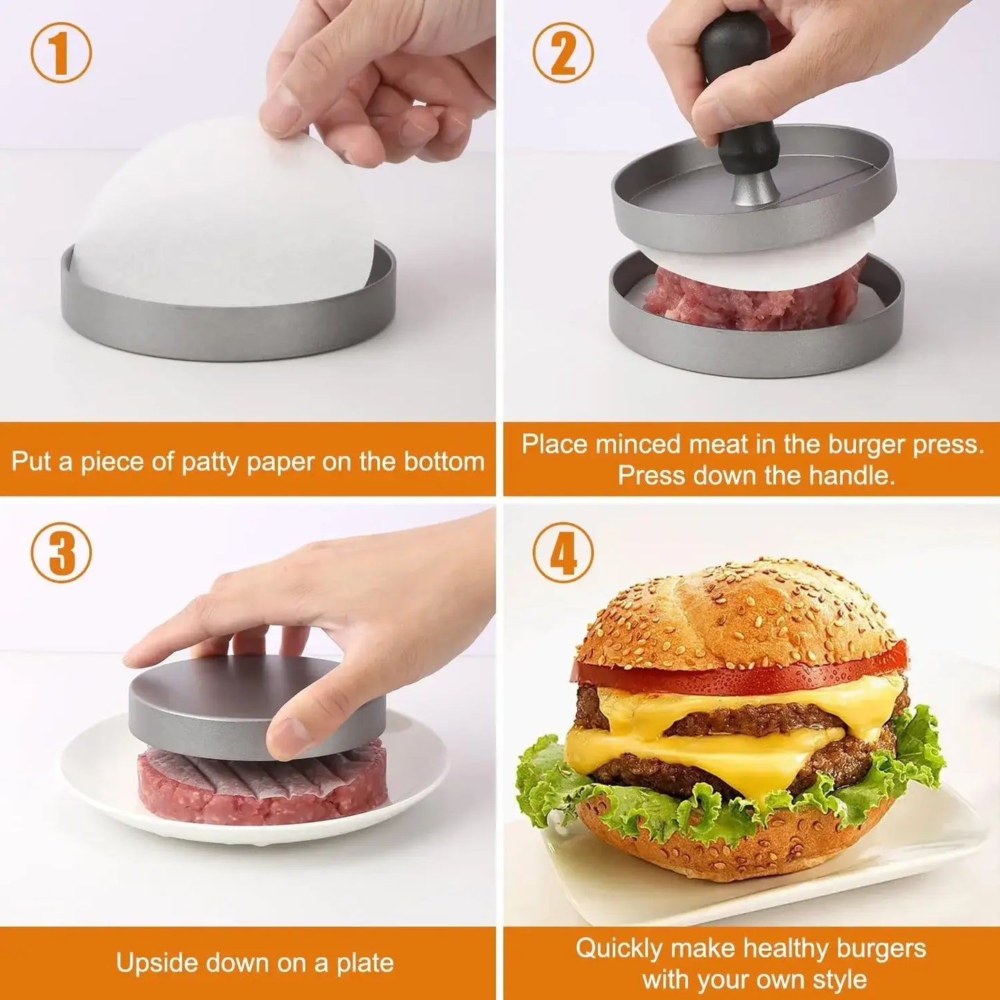 Step-by-step guide using a non-stick burger press to shape patties with wax paper for BBQ grilling.