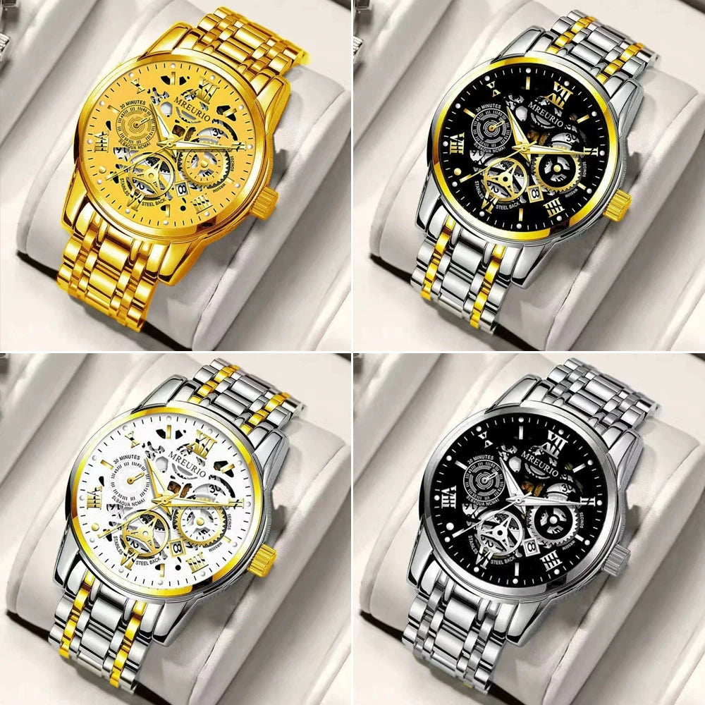 High end quartz watches for men displayed in four styles: gold and black, silver and white, featuring intricate designs.
