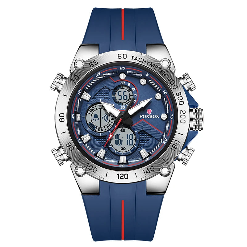 FOXBOX luxury men's sport watch in blue with dual display, quartz and digital chronograph features.