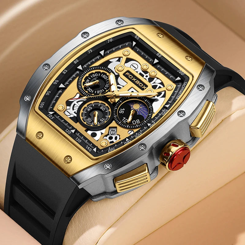 FOXBOX luxury men's chronograph watch with golden bezel and silicone strap on display.