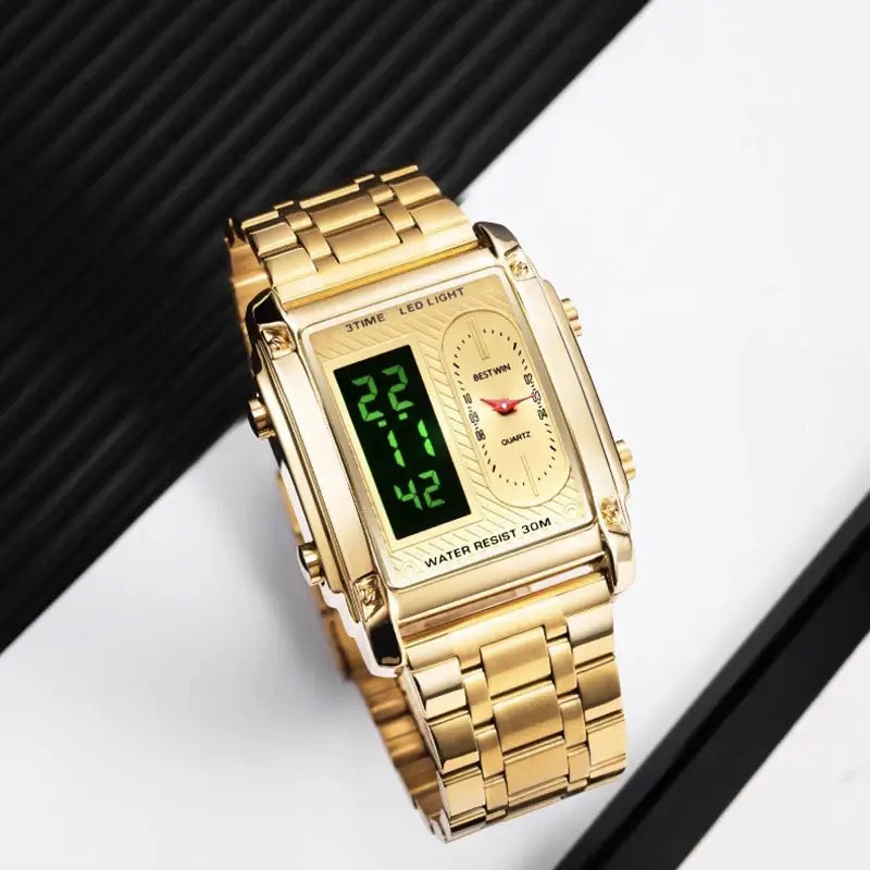 luxury stainless steel men's wrist watch with dual display and gold tone, water resistant 30m.