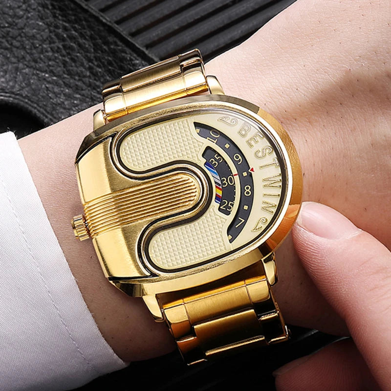 Luxury men's watches with stainless steel band featuring a unique gold design for men on a wrist.