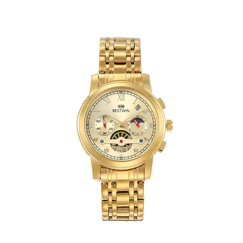 BESTWIN 926 luxury men's watch with moon phase and calendar in gold stainless steel design.