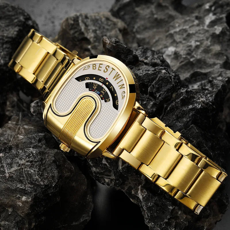 Luxury men's watches with stainless steel band featuring a unique gold design and modern dial.